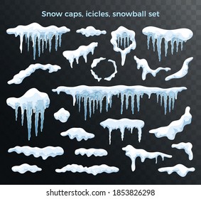 Snow ice caps icicles snowballs size shape varieties realistic white blue set dark transparent background vector illustration 