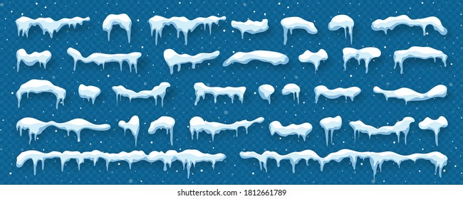 Snow, ice caps isolated on blue transparent background. Snowfall with snowflakes. Winter season. Christmas card design element. Vector illustration.