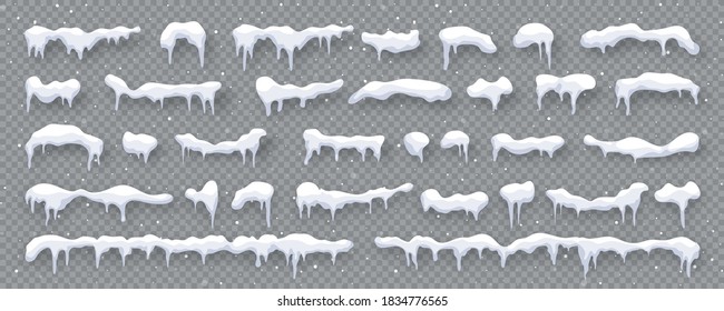 Snow, ice caps isolated on transparent background. Snowfall with snowflakes. Winter season. Christmas card design element. Vector illustration.