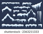 Snow ice caps mega set elements in flat design. Bundle of snowy ice and snowcaps with frozen icicles on house roof shapes, freeze borders with drip effect. Vector illustration isolated graphic objects