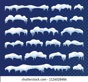 Snow and ice caps. White mountain peak cover, frozen mass, winter festive decoration. Vector flat style cartoon frosty caps illustration isolated on blue background