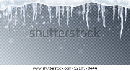 Snow, ice cup, icicles. Snow frame background. Realistic transparent elements.