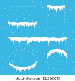 Snow ice icicle set for square, circle, ellipse and rectangle forms. Winter snow caps with ice. Winter decor. Christmas concept. Vector illustration in flat style.