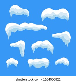 Snow ice icicle set Winter design. White blue snow template. Snowy frame decoration isolated on blue background. Cartoon style. Christmas, New Year frozen ice texture Vector illustration