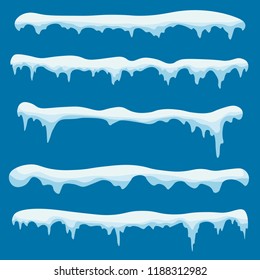 Snow ice icicle set Winter design. Winter snow caps with ice. Snowdrifts, icicles, elements winter decor. White blue snow template. Christmas.
