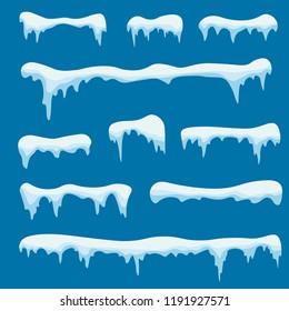 Snow ice icicle set Winter design. Winter snow caps with ice. Snowdrifts, icicles, elements winter decor. White blue snow template. Christmas.