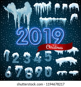 Snow ice icicle set Winter design. 2019 Christmas snow template. Snowy frame decoration isolated on blue background. Cartoon style. Christmas, New Year frozen ice texture Vector illustration