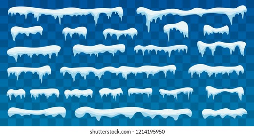 Snow ice icicle set Winter design. Winter snow caps with ice. Snowdrifts, icicles, elements winter decor. White blue snow template. Christmas.