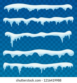 Snow ice icicle set Winter design. Winter snow caps with ice. Snowdrifts, icicles, elements winter decor. White blue snow template. Christmas.