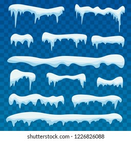 Snow ice icicle set Winter design. Winter snow caps with ice. Snowdrifts, icicles, elements winter decor. White blue snow template. Christmas.