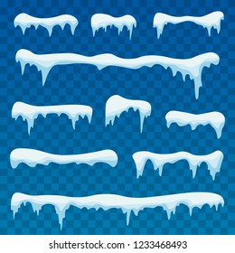 Snow ice icicle set Winter design. Winter snow caps with ice. Snowdrifts, icicles, elements winter decor. White blue snow template. Christmas.