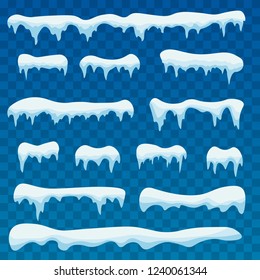 Snow ice icicle set Winter design. Winter snow caps with ice. Snowdrifts, icicles, elements winter decor. White blue snow template. Christmas.