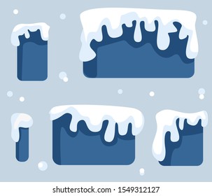 Snow ice icicle set Winter design. White blue snow template. Snow caps, snowballs and snowdrifts set ob blue background. Winter decoration element.Vector frames