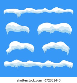 Snow ice icicle set Winter design. White blue snow template. Snowy frame decoration isolated on blue background. Cartoon style. Christmas, New Year frozen ice texture Vector illustration