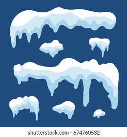 Snow ice icicle set Winter design. White blue snow template. Snowy frame decoration isolated on blue background. Cartoon style. Christmas, New Year frozen ice texture Vector illustration