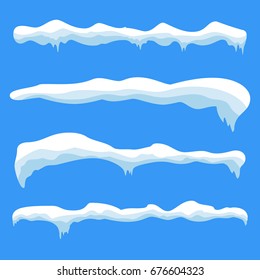 Snow ice icicle set Winter design. White blue snow template. Snowy frame decoration isolated on blue background. Cartoon style. Christmas, New Year frozen ice texture Vector illustration