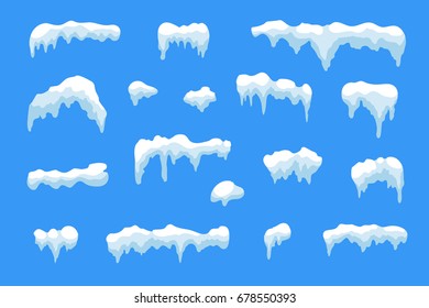 Snow ice icicle set Winter design. White blue snow template. Snowy frame decoration isolated on blue background. Cartoon style. Christmas, New Year frozen ice texture Vector illustration