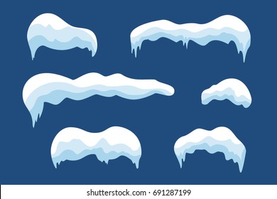 Snow ice icicle set Winter design. White blue snow template. Snowy frame decoration isolated on blue background. Cartoon style. Christmas, New Year frozen ice texture Vector illustration