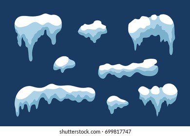 Snow ice icicle set Winter design. White blue snow template. Snowy frame decoration isolated on blue background. Cartoon style. Christmas, New Year frozen ice texture Vector illustration