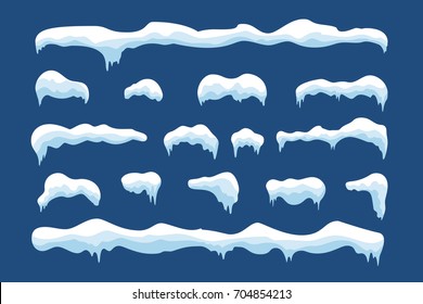 Snow ice icicle set Winter design. White blue snow template. Snowy frame decoration isolated on blue background. Cartoon style. Christmas, New Year frozen ice texture Vector illustration