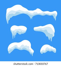 Snow ice icicle set Winter design. White blue snow template. Snowy frame decoration isolated on blue background. Cartoon style. Christmas, New Year frozen ice texture Vector illustration