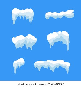 Snow ice icicle set Winter design. White blue snow template. Snowy frame decoration isolated on blue background. Cartoon style. Christmas, New Year frozen ice texture Vector illustration