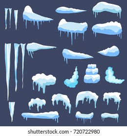 Snow ice icicle set Winter design. White blue snow template. Snowy frame decoration isolated on blue background. Cartoon style. Christmas, New Year frozen ice texture