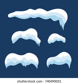 Snow ice icicle set Winter design. White blue snow template. Snowy frame decoration isolated on blue background. Cartoon style. Christmas, New Year frozen ice texture Vector illustration
