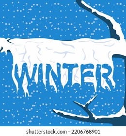 Nieve y hielo en las ramas de los árboles. El invierno está escrito en hielo. Concepto invernal en fondo de nevada. ilustración vectorial eps10