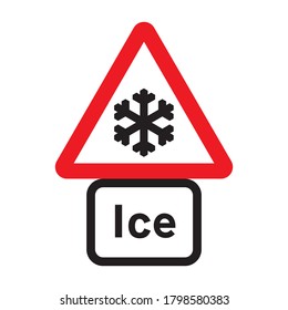 Snow and ice road sign. Slippery road traffic sign. Vector illustration of red triangular warning traffic sign isolated on white background. Caution snowfall, winter driving.