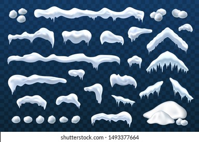 Snow ice set Winter roof cap design. White blue snow ball template. Snowy icicle frame decoration isolated transparent background. 3D realistic. Christmas, New Year frozen texture Vector illustration