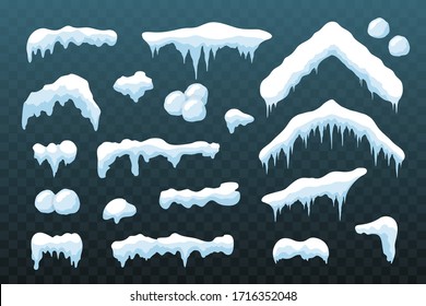 Snow ice set Winter roof cap design. White blue snow ball template. Snowy icicle frame decoration isolated transparent background. 3D realistic. Christmas, New Year frozen texture Vector illustration