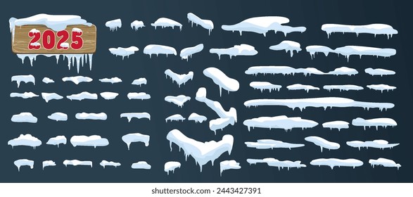 Snow and ice vector frames. Winter cartoon snow caps, snowdrifts and icicles. Illustration of snowcap for web design