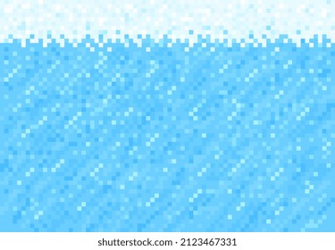 Nieve, hielo y píxeles de agua bloquean el patrón de fondo. Captura de píxel cúbico de nivel de consola retro. Computadora de ocho bits entorno de arcade 80 pixelado de fondo vectorial con líquido azul o nieve