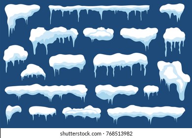 Snow with icicles and snow drifts. Winter snow caps with ice. Set of different blue and white snowy frames for decoration. Vector