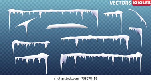 Snow icicles isolated on transparent background. Vector template for your design.