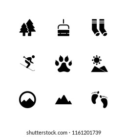 snow icon. 9 snow set with winter, mountain, chairlift and human foot prints vector icons for web and mobile app