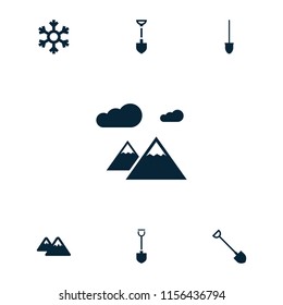 Snow icon. collection of 7 snow filled icons such as shovel, mountain. editable snow icons for web and mobile.