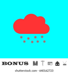 Snow icon flat. Red pictogram on blue background. Vector illustration symbol and bonus buttons Music center, corkscrew, credit card, house, drum