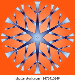 Snow icon in flat style on orange background. Logo snowflake with blue gradient shading. Stylized snowflake to create a design on a winter theme or abstract background.