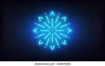 Snow icon neon. Vector glowing neon white snowflake icon.