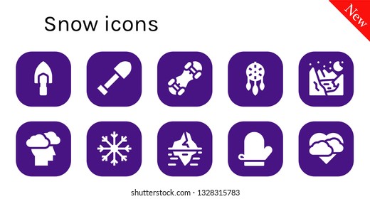 snow icon set. 10 filled snow icons.  Collection Of - Shovel, Snowboard, Ornament, Glacier, Storm, Snowflake, Iceberg, Mitten