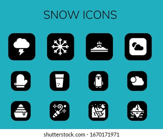 snow icon set. 12 filled snow icons.  Simple modern icons such as: Storm, Mitten, Frozen, Snowflake, Water, Blower, Mountain, Penguin, Glacier, Weather, Cloudy, Iceberg