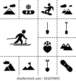 Snow icon. set of 13 filled snowicons such as shovel, heart frozen, mountain, skiing, snowboard, snow board