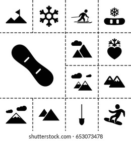 Snow icon. set of 13 filled snowicons such as shovel, heart frozen, mountain, snowflake, skiing, snowboard