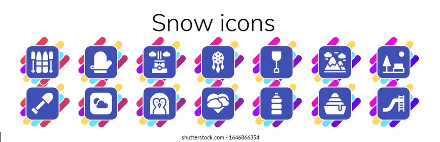 snow icon set. 14 filled snow icons.  Simple modern icons such as: Ski, Shovel, Mitten, Weather, Chimney, Penguin, Ornament, Storm, Water, Mountains, Frozen, Park, Toboggan