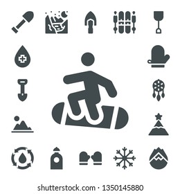 snow icon set. 17 filled snow icons.  Collection Of - Shovel, Water, Snowboard, Mountain, Mitten, Ornament, Peak, Glacier, Ski, Snowflake, Forest fire