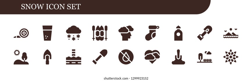  snow icon set. 18 filled snow icons.  Simple modern icons about  - Blower, Water, Snow, Ski, Storm, Christmas sock, Shovel, Mountains, Hill, North pole, Park, Snowflake