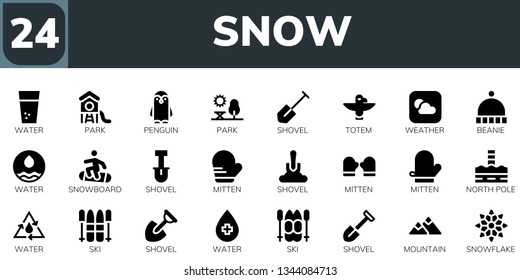 snow icon set. 24 filled snow icons.  Collection Of - Water, Park, Penguin, Shovel, Totem, Weather, Beanie, Snowboard, Mitten, North pole, Ski, Mountain, Snowflake