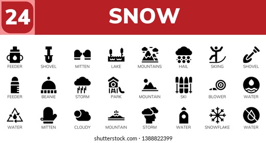 snow icon set. 24 filled snow icons.  Collection Of - Feeder, Shovel, Mitten, Lake, Mountains, Hail, Skiing, Beanie, Storm, Park, Mountain, Ski, Blower, Water, Cloudy, Snowflake